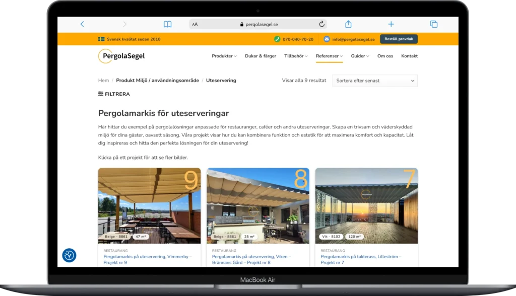 hemsida till pergolasegel.se - referenser för uteserveringar