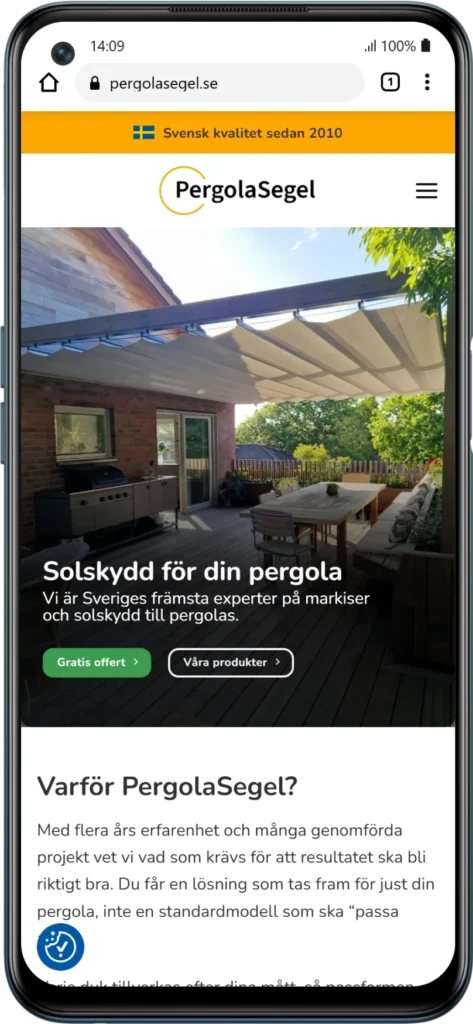 hemsida till pergolasegel.se - startsida mobil